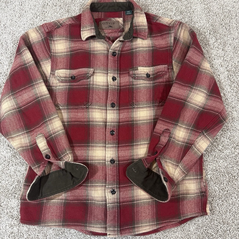 Orvis Men's Medium Red Plaid Heavyweight Flannel Button‎ Up Shirt Jacket EUC M